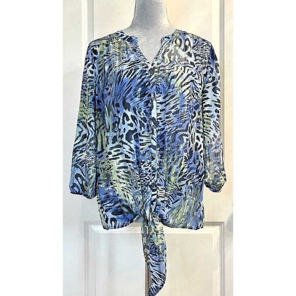 Roz & Ali Animal Print Blouse Top Front Knot Button Up Blue Size L New - Picture 3 of 12